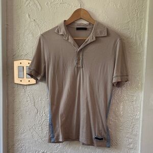 Prada Men’s Taupe Cotton Polo Contrast Blue Trim Short Sleeve Shirt SMALL